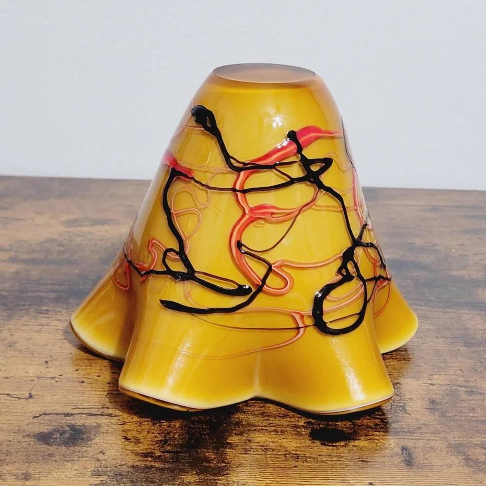 Yellow Art Glass Fluted Handkerchief Vase Art Glass Art Deco Yellow Red‎ Black